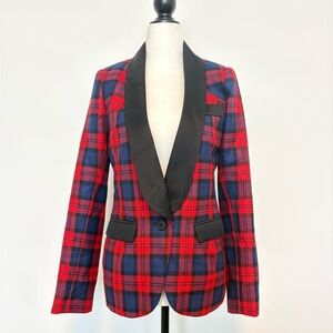Smythe wool plaid 1 button jacket with a tuxedo lapel.
